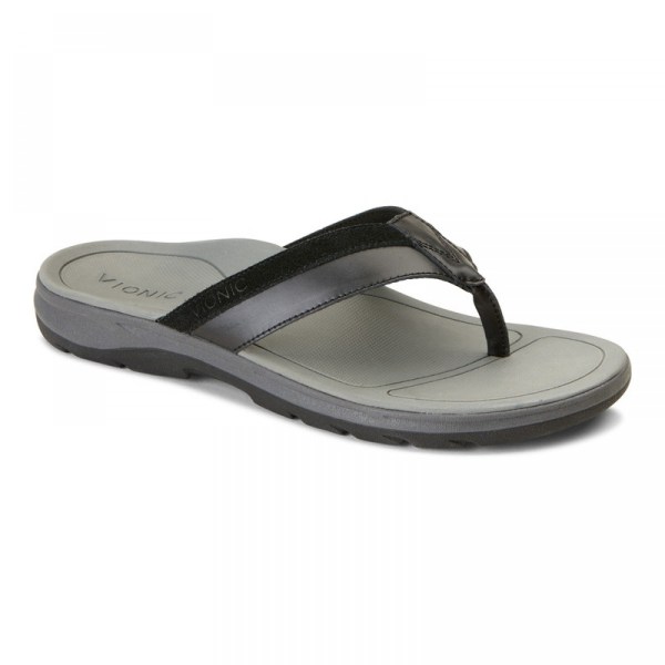 Vionic Sandals Ireland - Dennis Toe Post Sandal Black - Mens Shoes For Sale | BXEOH-9427